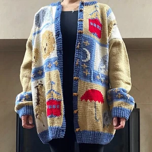 Vintage Chunky Cardigan Sweater Handmade XL Granny Core Noah's Ark Elephant Lion - Picture 1 of 16
