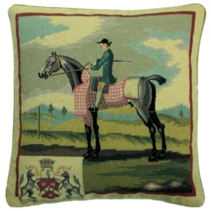 Needlepoint Equestrian Horse and Rider in Blue Pillow with European Crest 17x17 - Picture 1 of 6