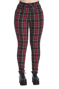 Red Tartan Check Plaid Skinny Punk Rockabilly Power Trousers BANNED Apparel - Picture 1 of 4