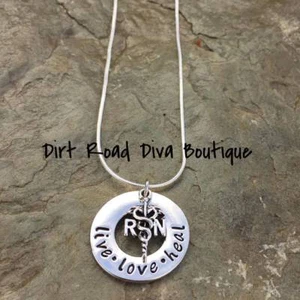 Nurse RN "LIVE LOVE HEAL Caduceus CHARM On 20" 925 Sterling Silver Stamped Chain - Picture 1 of 3