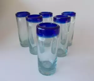 6 mundgeblasene Tequila Schnapsgläser 4 1/4" hoch schweres Klarglas kobaltblauer Rand - Bild 1 von 5