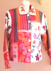 Norm Thompson Womens M Jacket Pink Orange AppliqueShacket Button Up Art 2 Wear - Picture 1 of 9