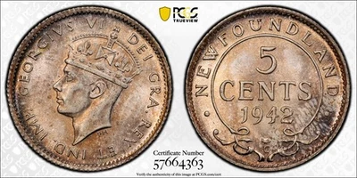 NEWFOUNDLAND 5 Cents 1942 C, PCGS 64 Choice UNC, Beautiful Toning/Luster 063. B3 - Image 1 of 4