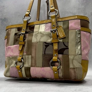COACH Signature Canvas & Suede Patchwork Tote Bag Pink Shoulder A4 Storage - Picture 1 of 20
