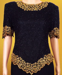 SILK! LAURENCE KAZAR size L Jrs black/gold beaded & sequined top 100% silk outer - Picture 1 of 19