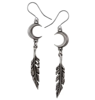 Alchemy Gothic Pagan Dream Catcher Earrings Moon Feathers Witch Fine Pewter E467 - Image 1 of 2