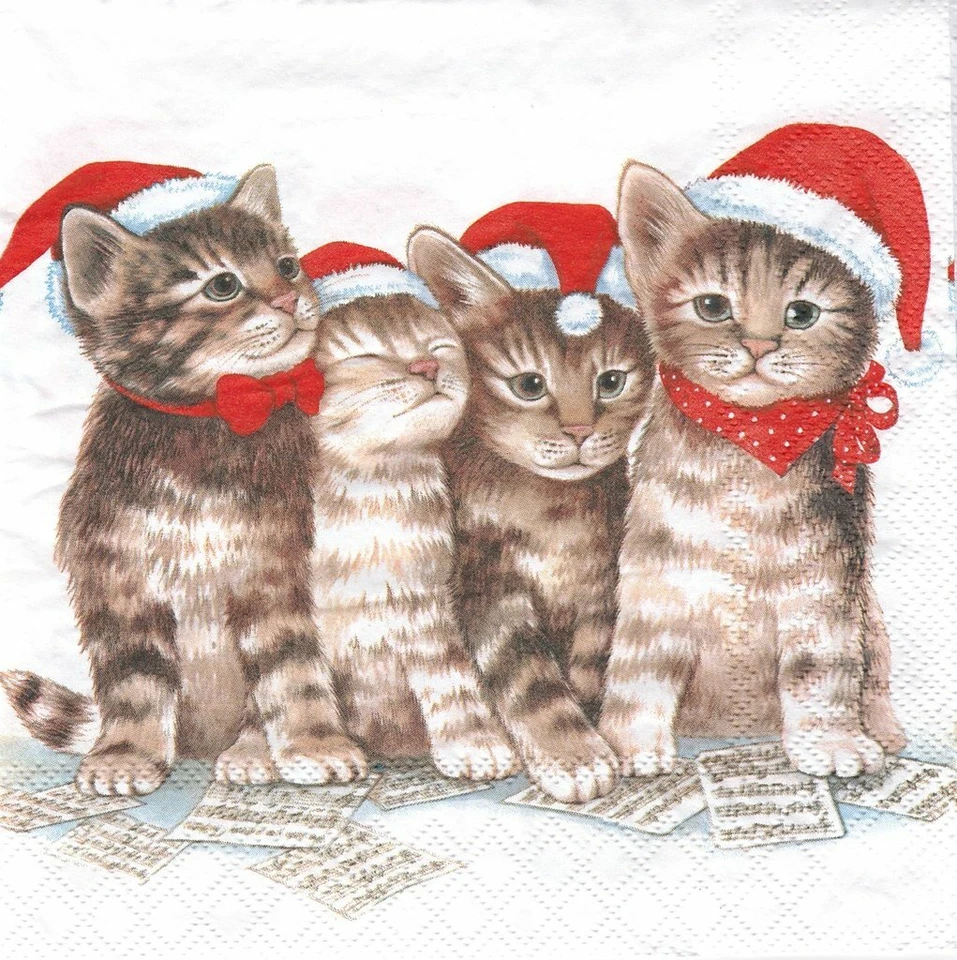 Lot de 2 Serviettes en papier Chat Chatons Bonnet de Noël Decoupage Decopatch