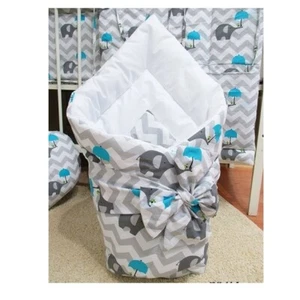 Manta Envoltura Para Bebé Saco De Dormir Con Cinta 100% Algodón Elefantes Azul - Imagen 1 de 1