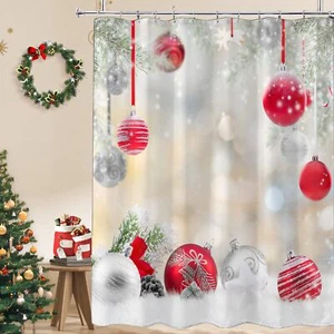 Christmas Shower Curtain Set White Red Xmas Balls Pine Tree Bathroom Shower C... - Picture 1 of 6