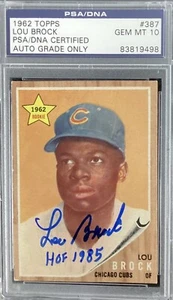 Lou Brock Signed 1962 Topps #387 Rookie Card Cubs Autograph HOF PSA/DNA Gem 10 - Picture 1 of 2