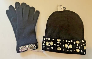 CHARLIE PAIGE ONE SIZE 100% Acrylic Black Winter Hat & Gloves Set Sparkly Gems - Picture 1 of 4