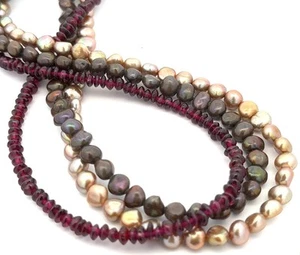 Estate 925 Sterling Silver Bronze Gold Pearls Amethyst Bead 3 Strand Necklace - Picture 1 of 6