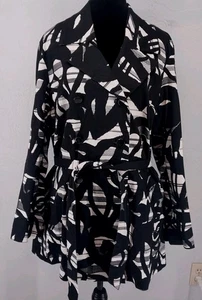 Dana Buchman abstrakt schwarz weiß Gürtel Trenchcoat Jacke Baumwolle Stretch Gr. L - Bild 1 von 9