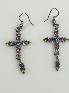 Orecchini croce argento rosa blu verde strass gioielli cristiani goccia 2 pollici - Foto 1 di 5