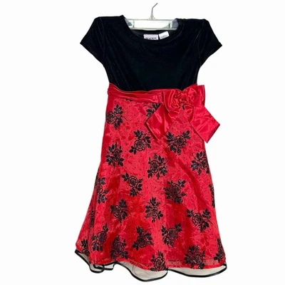 GIRLS BLUBERI BOULEVARD RUFFLED CHRISTMAS DRESS SPARKLY RED BLACK VELVET SIZE 6 - Image 1 of 4