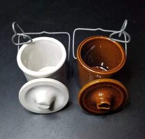 VTG (2) Brown & White StoneWare Cheese/Butter Crock Jars w/Locking Wire Bails - Picture 1 of 9