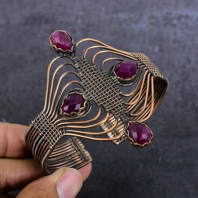 Red Ruby(Simulated) Gemstone Copper Wire Wrap Cuff Bangle Adjustable M256 - Image 1 of 4