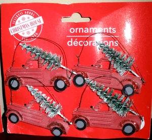 Christmas House Ornaments set of 4 Red Metal Farmhouse Trucks 3" NEW - Picture 1 of 5
