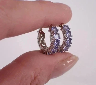Lab-Created Tanzanite 2Ct Round Cut Huggies Hoop Earrings 14k White Gold Plated - Image 1 of 4
