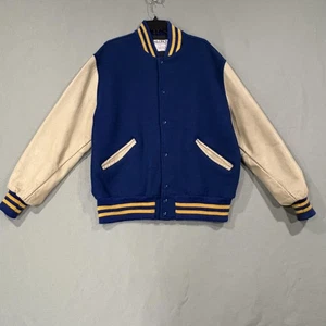 VTG DeLong Varsity Jacket Mens XL Blue Leather Sleeves Wool Letterman Made USA - Picture 1 of 11