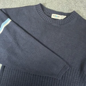 Vintage New Era Sweater Medium Blue Striped Sleeve Crewneck Knit Pullover - Picture 1 of 11