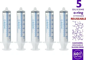 60cc | 60ml BASIK Syringe Silicone O-ring 5/pak Luer Lock Reuse Tube Hand Feed - Picture 1 of 7