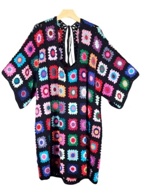 VIBRANTE Vestido Cuadrado Crochet Abuela Playa Cubrir Gran Tamaño Foto 1 de 4