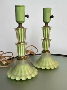 2x Antique Jade Green Glass Art Deco Boudoir Table Lamps Frosted TESTED & WORKIN - Picture 1 of 10