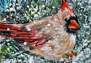 Pintura ORIGINAL ACEO BIRD Mujer Cardenal Norte Invierno Naturaleza Nieve ATC ARTE - Imagen 1 de 1