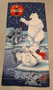 Vintage 90s COKE Coca-Cola Oversized Beach Towel "COKE PALS" Polar Bears 59x28 - Picture 1 of 9
