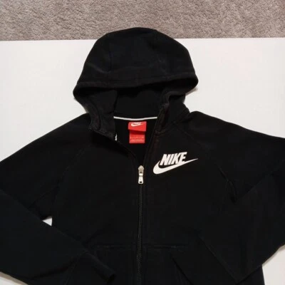 Nike Hoodie Boys Youth Small Black White Swoosh Fleece Full Zip Sweatshirt - Image 1 of 4