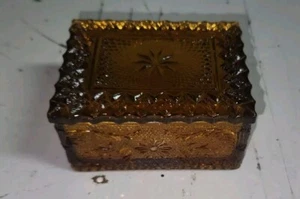 VTG Amber Pressed Glass Trinket Box Vanity Depression Style Look Cute 3.5x3 - Picture 1 of 8