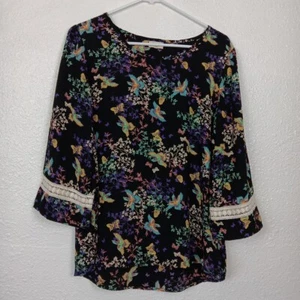 Teenplo Top Size Medium Black Floral Birds/Butterflies Print Tunic Blouse Work - Picture 1 of 10