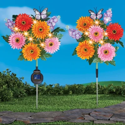 Set of 2 Solar LED Daisy Butterfly Floral Garden Stake Outdoor Spring Yard Decor - Image 1 of 4
