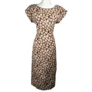 Vintage 90s Cue Design Burgundy Red Floral Short Sleeve Pencil Midi Dress Size 8 - Picture 1 of 7