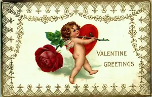 Cartolina Auguri San Valentino Cuore di Cupido Rosa Rossa in rilievo - Foto 1 di 2