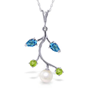 2.7 CTW 14K Solid White gold fine Necklace 20" Blue Topaz Peridot pearl - Picture 1 of 6