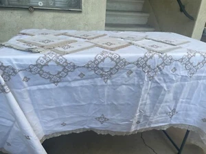 Tablecloth and Napkins Antique Vintage set Embrodiered sewn good cond see pics. - Picture 1 of 23