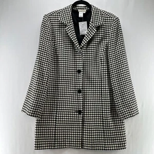 Coldwater Creek Overcoat Womens 14 Silk Wool Fully Lined Houndstooth Black White - Picture 1 of 11