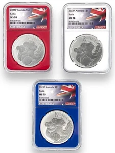 2023 Australia 1oz Silver Koala NGC MS70 Red White Blue 3 Coin Set Flag Label - Picture 1 of 4