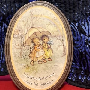 Vintage Wall Art Wood Frame Oval Small Girls Playing Umbrella House Fun Rainbow - Picture 1 of 2