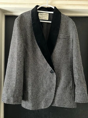 Jaqueta Blazer Jaeger Veludo Xale Gola Tamanho 14 Lã de Seda Tweed Grã-Bretanha Antiga - Imagem 1 de 4