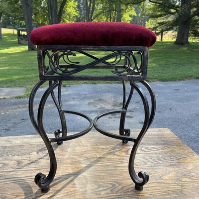 Vintage Wrought Iron Cushioned Vanity Stool Black Gold Red Seat - Image 1 of 4