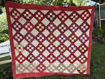 VTG Quilt Hand Pieced c.1880 72”x74” Red Horseshoe Antique - Image 1 of 4