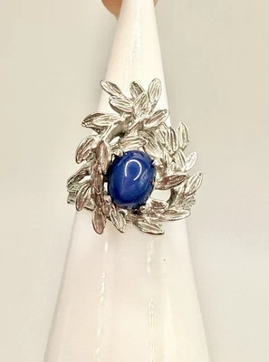 DESLUMBRANTE ANEL DE OURO BRANCO 14k e folha de galho de árvore de safira estrela azul natural tamanho 6 - Imagem 1 de 4