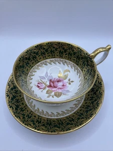 Aynsley England #2539 Green and Cream Gold Filigree Overlay Bone China Teacup & - Picture 1 of 7