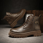 Retro Round Toe Ankle Boots Men Faux Leather Lace Up Motorcycle Shoes Western 44