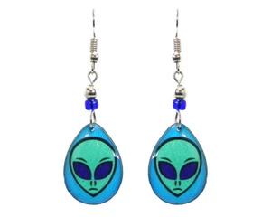 Teardrop Alien Face Earrings UFO Head Sci Fi Trippy Galaxy Retro Space Jewelry - Picture 1 of 6
