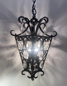 VINTAGE HANGING IRON & CRYSTAL GOTHIC SPANISH CEILING LIGHT - Picture 1 of 11