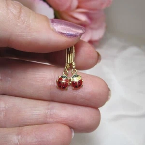 Vintage Solid 10kt Gold Ladybug Earrings with Red Enamel - Picture 1 of 8
